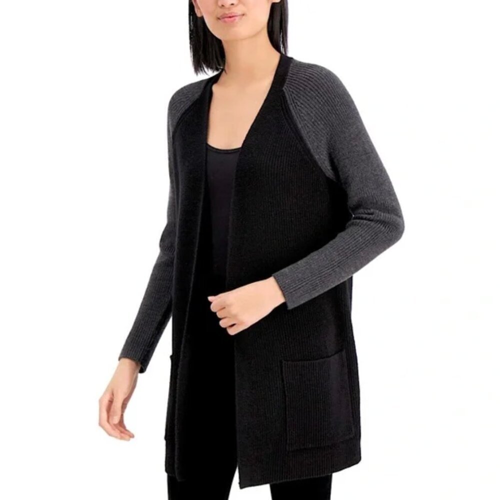 Eileen Fisher Merino Wool Open Front Cardigan, Black With Grey Sleeves, M